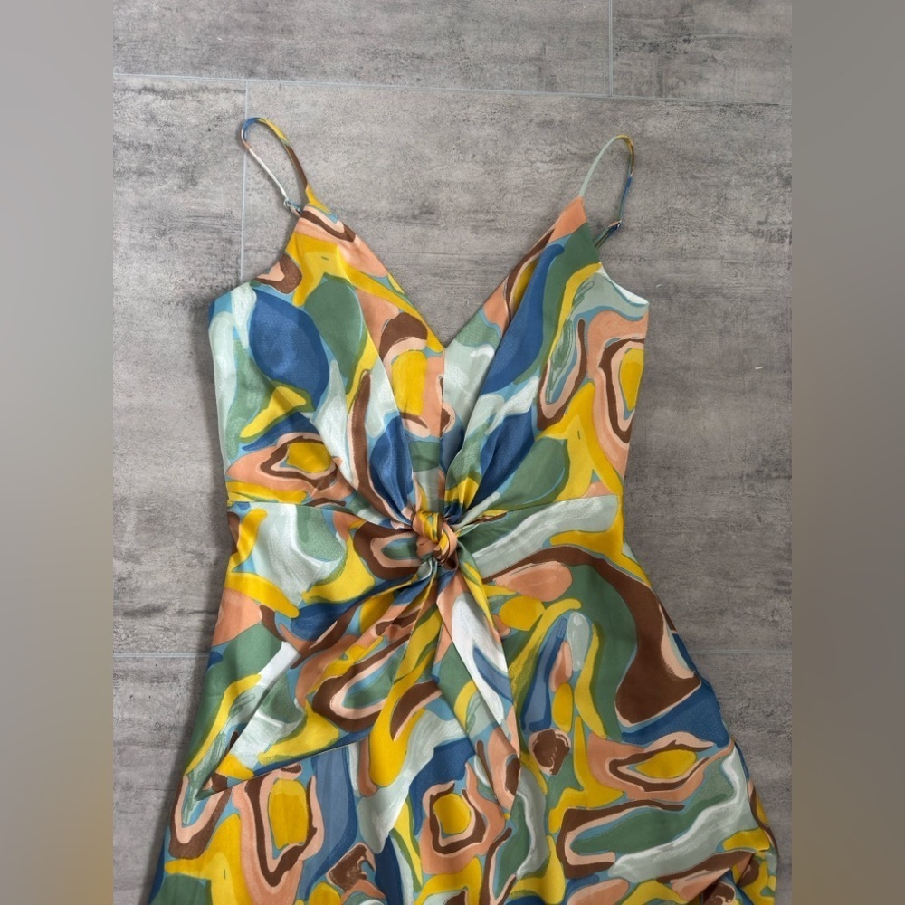 FLORET STUDIOS Printed Tie Front Satin Maxi Dress in Yellow Multi Swirl Size S - Picture 6 of 15